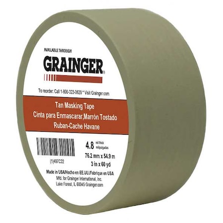 Masking Tape, 3 in W x 60 yd L, 4.8 mil Thick, Tan, Rubber Adhesive