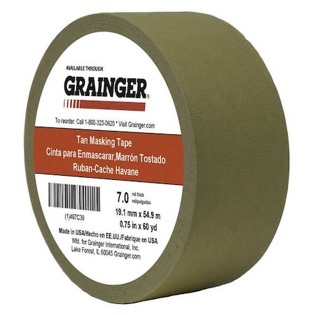 Masking Tape, 3/4 in W x 60 yd L, 7 mil Thick, Tan, Rubber Adhesive