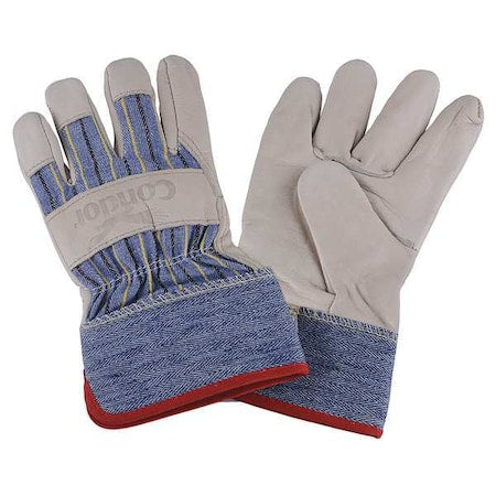 Leather Gloves, Cowhide, Safety Cuff, Wing Thumb, Full Finger, Blue/White, S, 1 PR