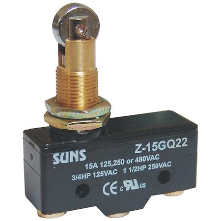 Snap Action Switch, Panel Mount, Plunger, Roller Actuator, SPDT, 15 A at 480 V AC Contact Rating