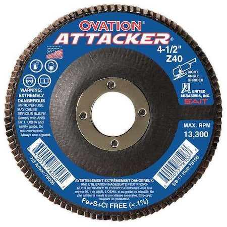 SAIT 76209 Ovation Attacker High Density Fiberglass Backed Flap Disc (Type 27) 4-1/2" x 7/8", 80 Grit