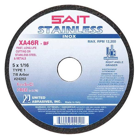 Abrasive Cut-Off Wheel, Type 1, 5 in Dia, 0.0625 in Thick, 7/8 in Arbor Hole Size, Aluminum Oxide