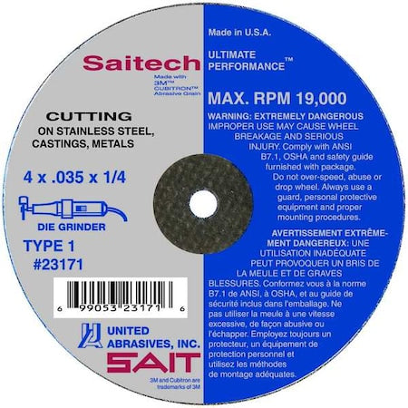 Abrasive Cut-Off Wheel, Type 1, 4 in Dia, 0.035 in Thick, 5/8 in Arbor Hole Size, Ceramic, 46 Grit