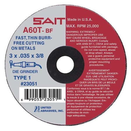 Abrasive Cut-Off Wheel, Type 1, 4 in Dia, 0.0625 in Thick, 1/4 in Arbor Hole Size, Aluminum Oxide