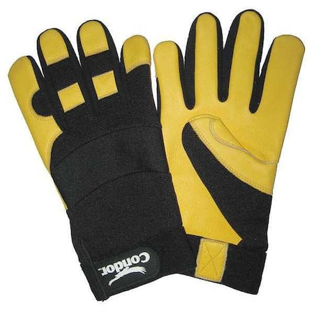 Mechanics Gloves, Grain Deerskin Leather Palm, Black/Yellow