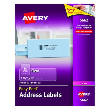 Laser Label, 4 in Label W, 1 1/3 in Label H, 14 Labels per Sheet Clear