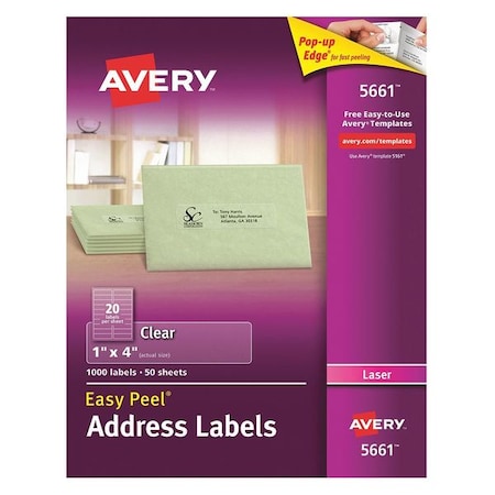 Laser Label, 4 in Label W, 1 in Label H, 20 Labels per Sheet Clear