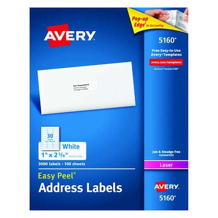 Easy Peel Address Labels, 5160, Permanent Adhesive, 1" x 2-5/8", 3,000 Labels, 30 Labels per Sheet