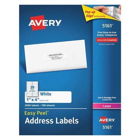 Laser Label, 4 in Label W, 1 in Label H, 20 Labels per Sheet White