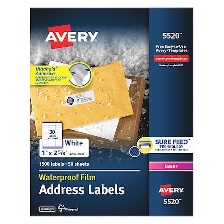 Laser Label, 2 5/8 in Label W, 1 in Label H, 30 Labels per Sheet White
