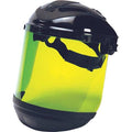 Face Shield Assembly, Green Visor, 8" Height, Ratchet Suspension, Anti-Fog Lens, Black