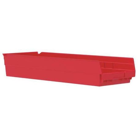 Shelf Storage Bin, Plastic, Red, 4 in H, 8 3/8 in W, 23 5/8 in L
