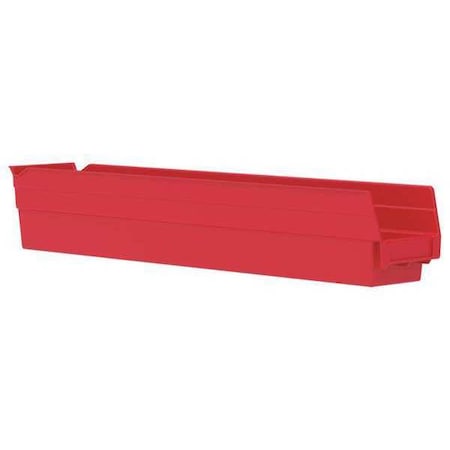 Shelf Storage Bin, Plastic, Red, 4 in H, 4 1/8 in W, 23 5/8 in L