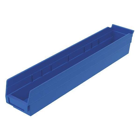 Shelf Storage Bin, Plastic, Blue, 4 in H, 4 1/8 in W, 23 5/8 in L