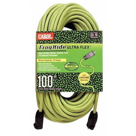 SJOW Extension Cord, 14 AWG, Outdoor, 14/3, 1 Outlets, 5-15R, Green, Rubber, 5-15P, 100 ft