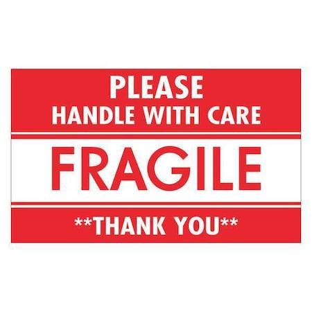 Tape Logic Labels, "Fragile - Handle with Care", 3" x 5", Red/White, 500/Roll