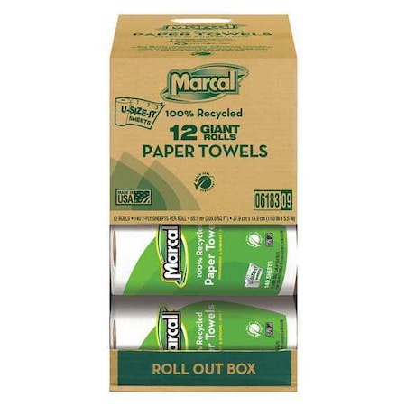 U-Size-It Perforated Roll Paper Towels, 2 Ply, 140 Sheets, 65 ft, White, 12 PK