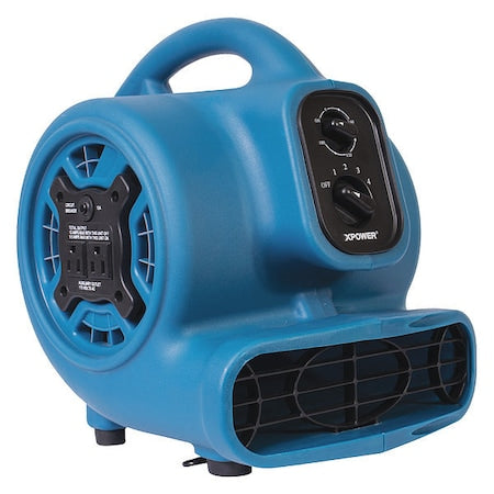 Mini Mighty Air Mover W/ Power Outlets and 3 hr Timer, 1/4 HP, 925 CFM, 2.3 Amps, 4 Positions, 3 Speeds, Blue