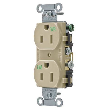Straight Blade Receptacle, 5-15R, 15 A, 125V AC, 2 Pole, 3 Wire, Flush Mount, Grounded