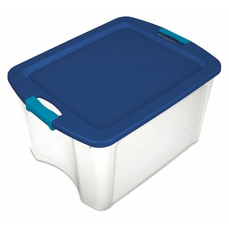 Stackable Storage Tote W/ Lid, 12 gal, 23-5/8 in L x 18-5/8 in W x 9-1/4 in H, Clear, Blue