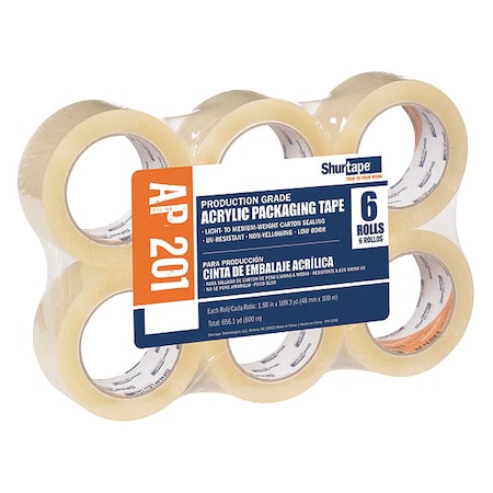 Packaging Tape, 48mm W, 100m L, 2 mil Thick, Clear, Standard Duty, 6PK