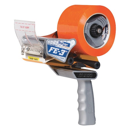 Tape Dispenser, 72 mm Max. Tape Width. 6 1/4 in Tape Core Dia, Pistol, Plastic, Gray