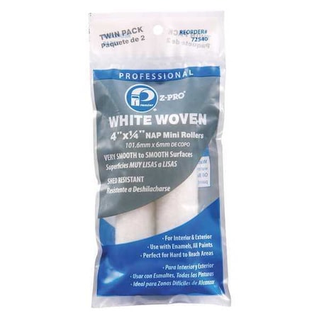 4" Mini Paint Roller Cover, 1/4" Nap, Woven, 2 PK