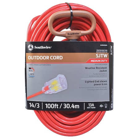 SJTW Extension Cord, 14 AWG, Outdoor, 14/3, 1 Outlets, 5-15R, Red, PVC, 5-15P, 100 ft