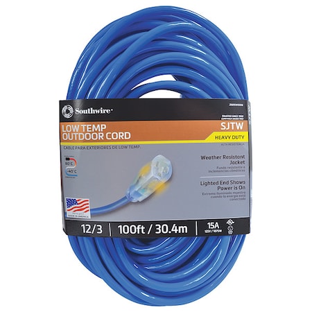 SJTW Extension Cord, 12 AWG, Outdoor, 12/3, 1 Outlets, 5-15R, Blue, PVC, 5-15P, 100 ft
