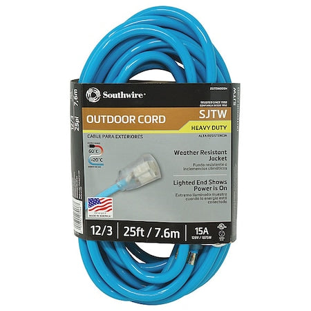SJTW Extension Cord, 12 AWG, Outdoor, 12/3, 1 Outlets, 5-15R, Blue, PVC, 5-15P, 25 ft