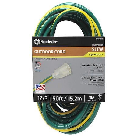 SJTW Extension Cord, 12 AWG, Outdoor, 12/3, 1 Outlets, 5-15R, Green/Yellow, PVC, 5-15P, 50 ft