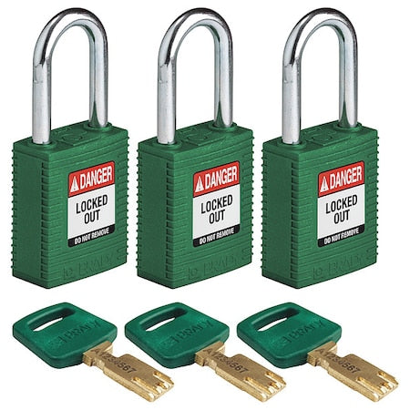 Lockout Padlock, Keyed Alike, Nylon, Green, 1 1/2 in Shackle Height, 1 1/2 in Body Width, 3 PK