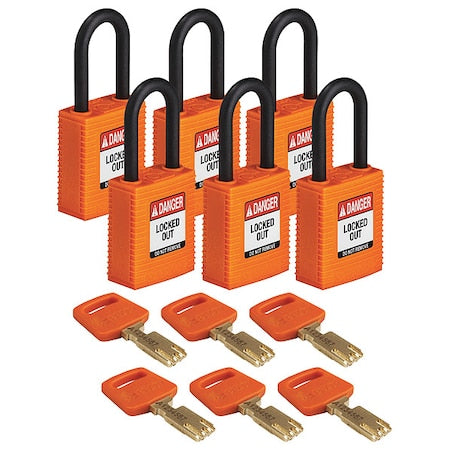Lockout Padlock, Open, Rectangular Plastic Body, Plastic Shackle, 13/16 in W, 6 PK