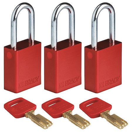 Lockout Padlock, Keyed Alike, Aluminum, Red, 1 1/2 in Shackle Height, 1 1/2 in Body Width, 3 PK