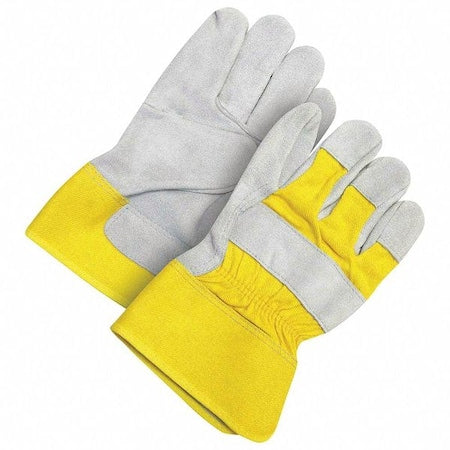Leather Gloves, Cowhide, Safety Cuff, Wing Thumb, Full Finger, Gray/Yellow, L, 1 PR