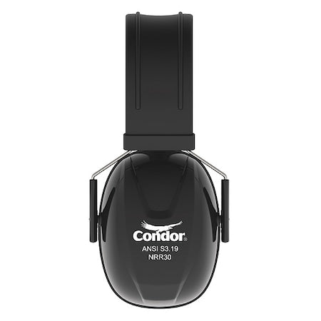 Over-the-Head Ear Muffs, Stainless Steel Band, Foam/PVC, Passive Protection, NRR 30 dB, Black