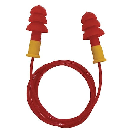 Reusable Corded Ear Plugs, Flanged Shape, NRR 27 dB, Red/Yellow, 100PK