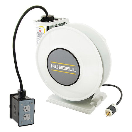 Cord Reel With Hand Lamp, Spring Retracted, NEMA 5-20R, 12 AWG, White Reel Color, 45 ft Length