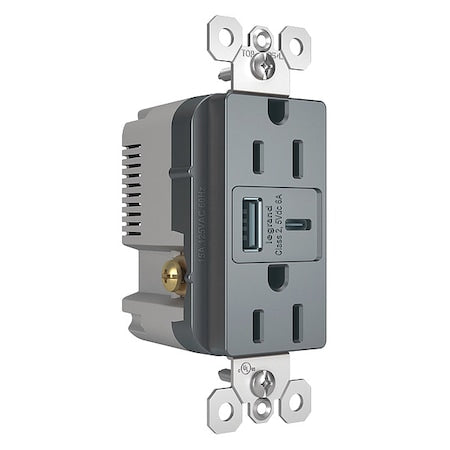 USB Receptacle, 15 A, Gray, Nylon