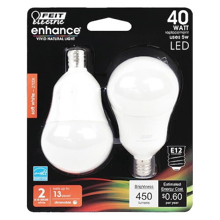 LED, 5 W, A15, Candelabra Screw (E12), PK2