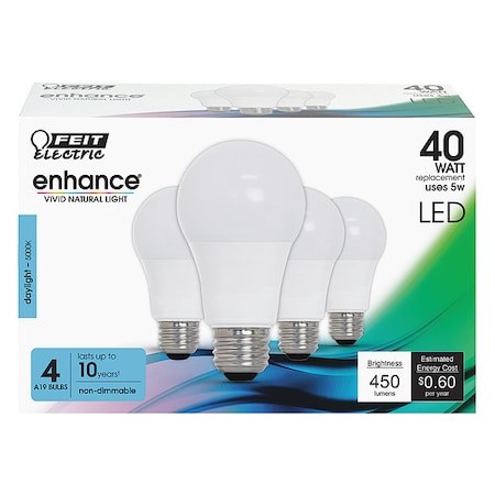 LED, 5 W, A19, Medium Screw (E26), PK4
