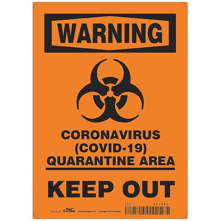 Coronavirus Quarantine Area Sign, 10" W x 14" H, English, Polystyrene, Black, Orange