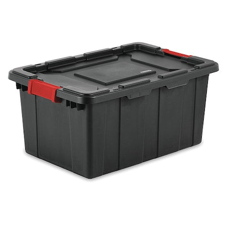 Stackable Storage Tote W/ Lid, 15 gal, 25-3/4 in L x 17-1/4 in W x 11-7/8 in H, Black, Red