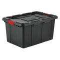 Stackable Storage Tote W/ Lid, 27 gal, 30-1/2 in L x 20-5/8 in W x 15-1/4 in H, Black, Red