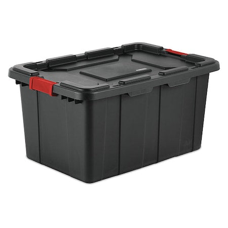 Stackable Storage Tote W/ Lid, 27 gal, 30-1/2 in L x 20-5/8 in W x 15-1/4 in H, Black, Red