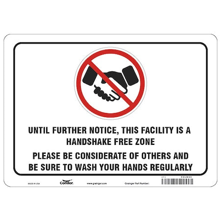 Handshake Free Zone Sign, 14" W x 10" H, English, Aluminum, White