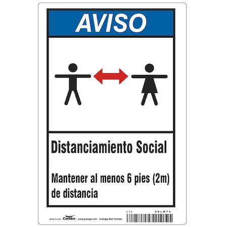 Covid 19 Sign 7X10, Spanish Notice Socia, 7 in Height, 10 in Width, Aluminum, Spanish
