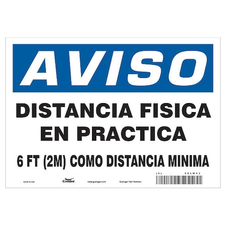 Covid 19 Sign 7X10, Spanish Notice Physi, 7 in Height, 10 in Width, Aluminum, Spanish