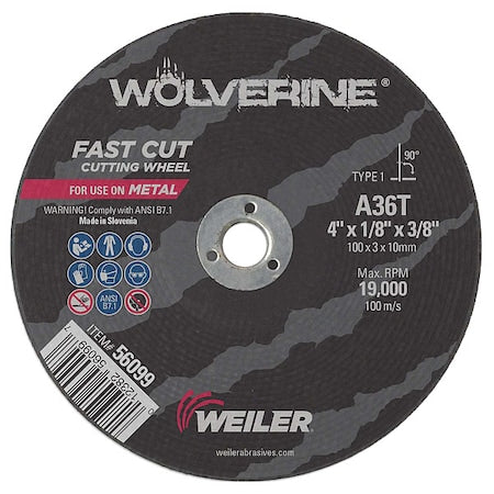 Abrasive Cut-Off Wheel, Type 1, 4 in Dia, 0.125 in Thick, 3/8 in Arbor Hole Size, Aluminum Oxide