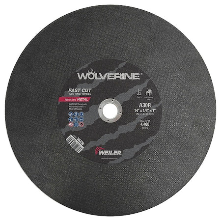Abrasive Cut-Off Wheel, Type 1, 14 in Dia, 0.125 in Thick, 1 in Arbor Hole Size, Aluminum Oxide